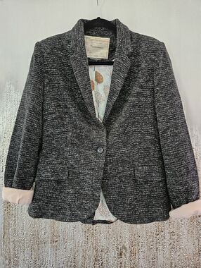 Anthropologie Black & Gray Textured Blazer with Pink Cuff Detail